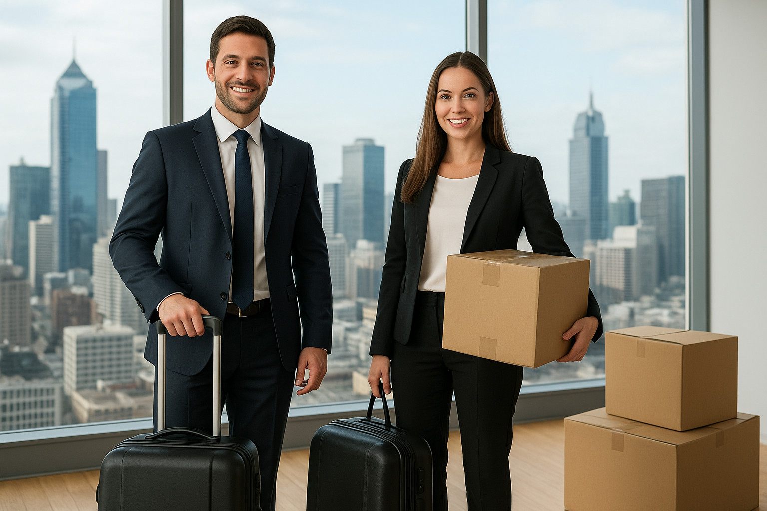 Two business professionals with luggage and a moving box in an office.