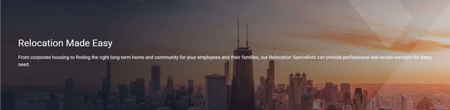 City skyline with tall buildings at sunset and a text overlay about employee opportunities.