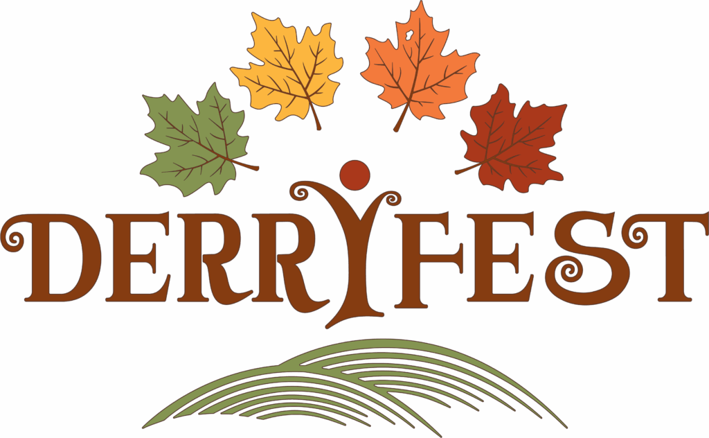 Autumn leaves above stylized text and fields.