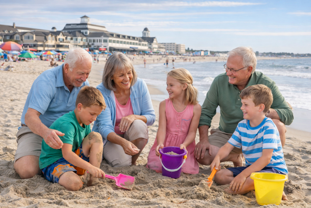 Grandparents enjoying Hampton Beach NH near 55+ communities