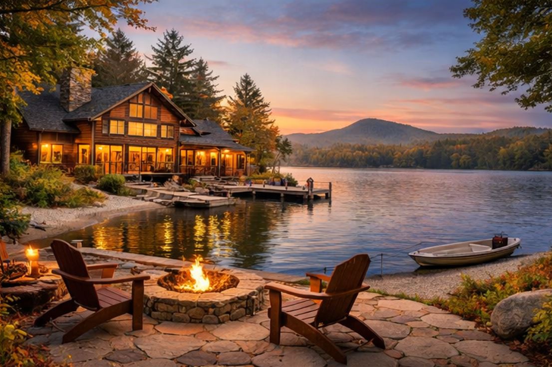 Lakefront cottage at sunset on a New Hampshire lake in fall