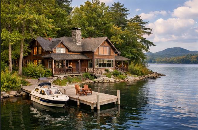 New Hampshire lakefront home with private dock and mountain views