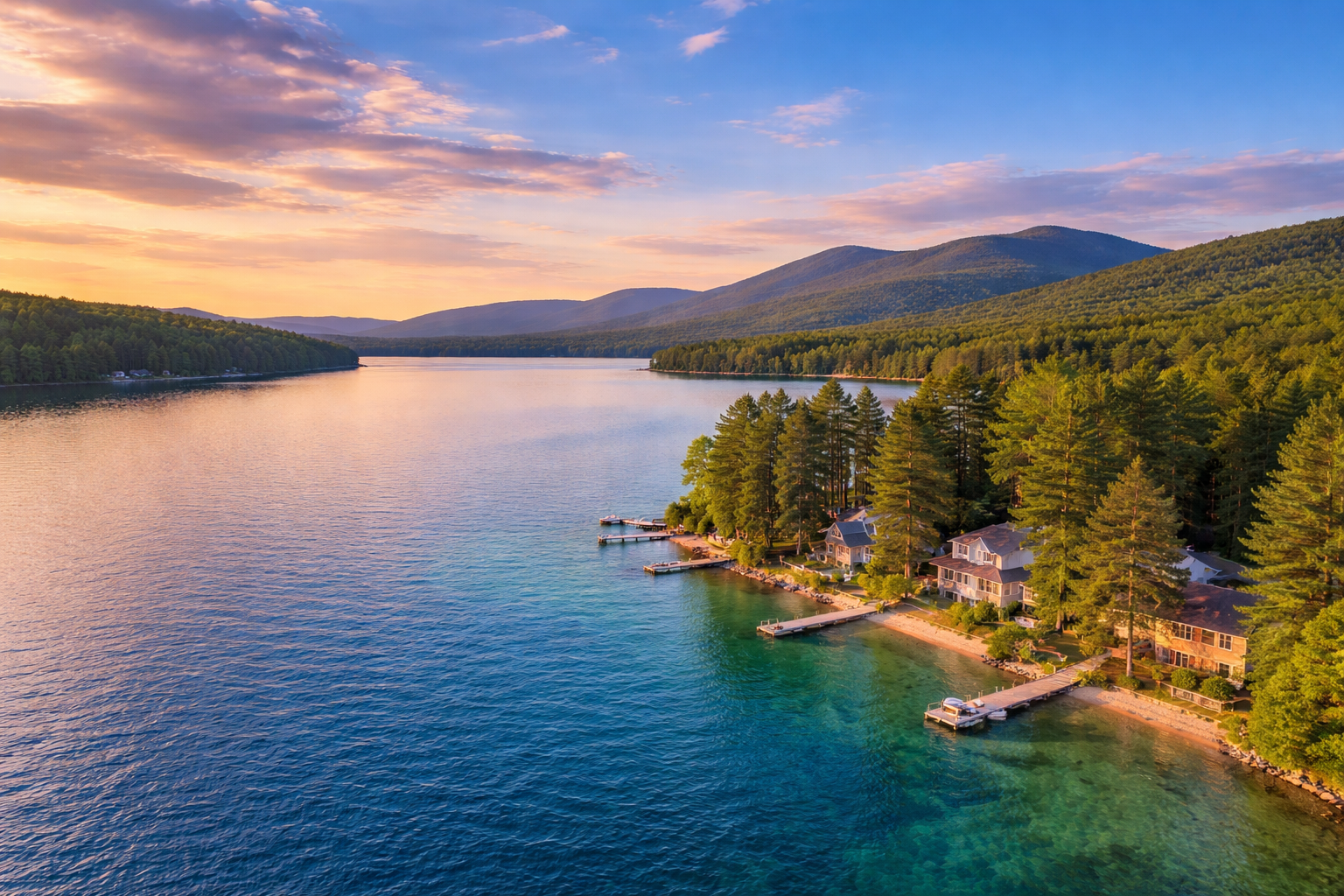 Scenic lake with forested shoreline and vibrant sunset sky.